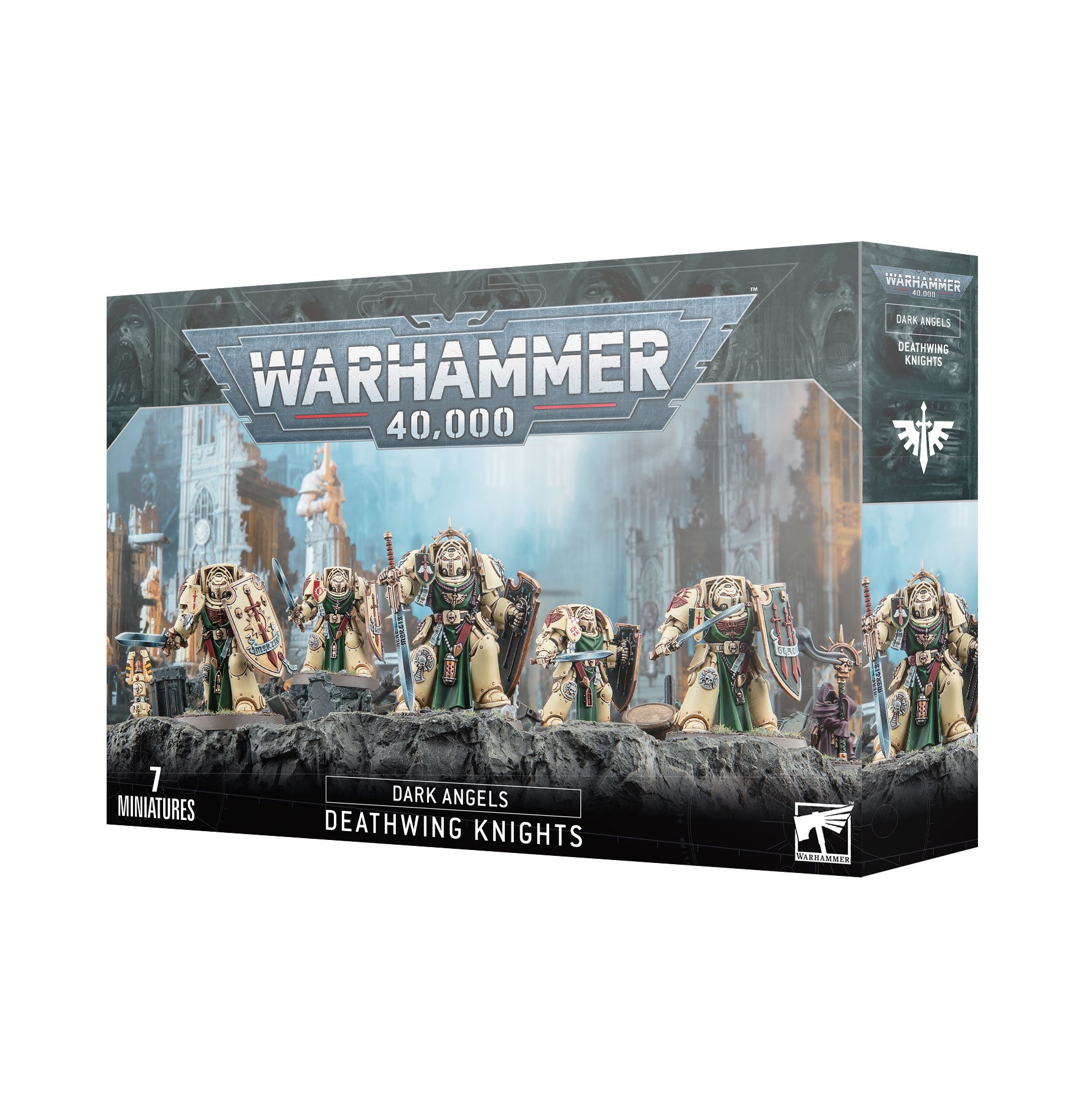 A boxed set of 'Warhammer 40,000 Dark Angels: Deathwing Knights' with seven miniature figures.
