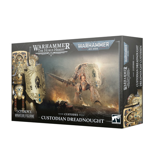 Warhammer 40k The Heresy of Horus Customods: Custodian Dreadnought miniatures figure box, showing the front and side panels of the packaging with artwork of a heavily armored sci-fi warrior and ornate gold-and-black decorative details.