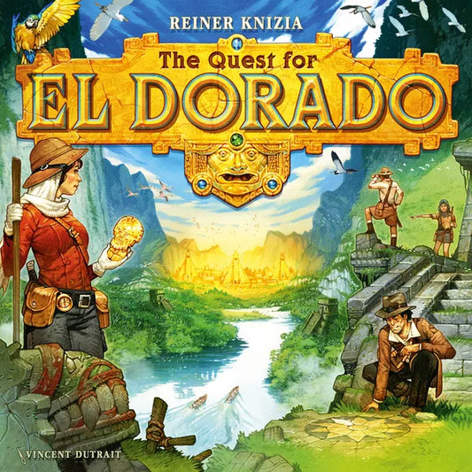 Board game cover of 'The Quest for El Dorado' with explorers and a golden city in the background.