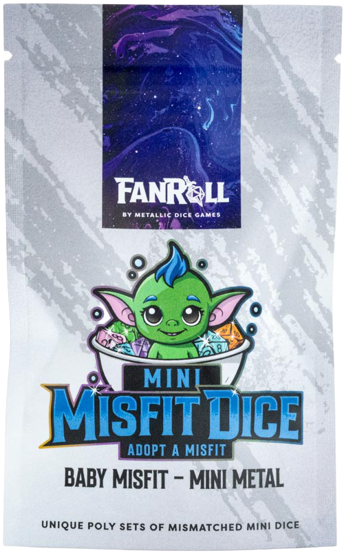 Packaging of Mini Misfit Dice with a cartoon character and Fanroll branding.