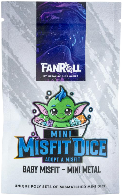 Packaging of Mini Misfit Dice with a cartoon character and Fanroll branding.