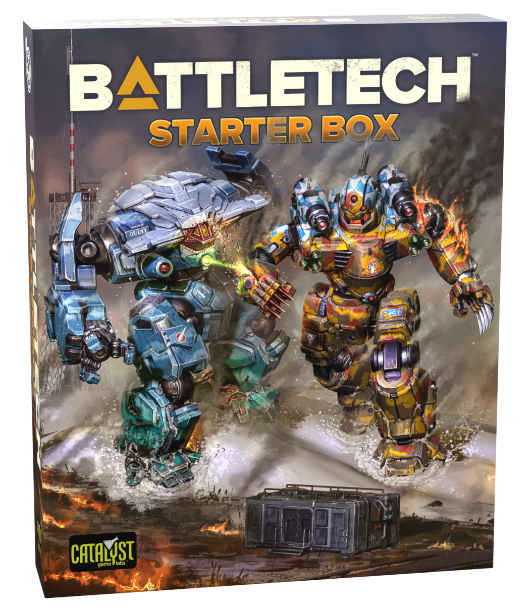 Battletech Starter Box packaging with two mechs on a fiery background