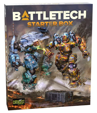 Battletech Starter Box packaging with two mechs on a fiery background