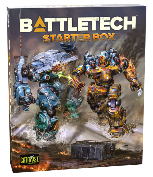 Battletech Starter Box packaging with two mechs on a fiery background