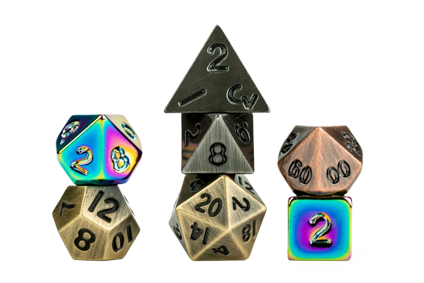 Set of metallic polyhedral dice with rainbow and bronze finishes on a white background