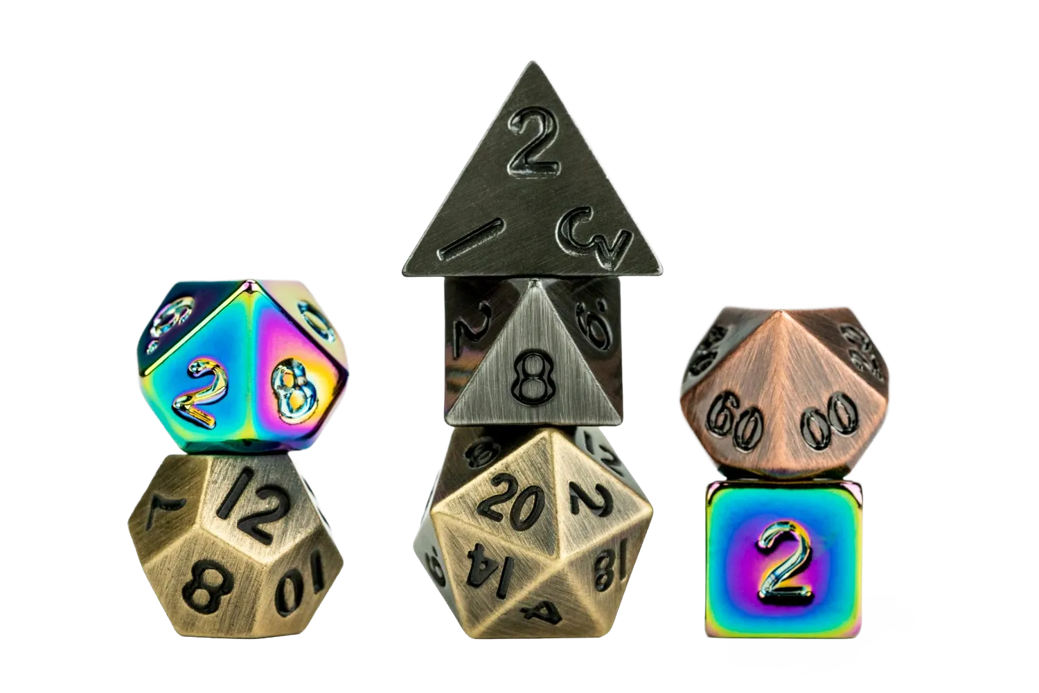 Set of metallic polyhedral dice with rainbow and bronze finishes on a white background