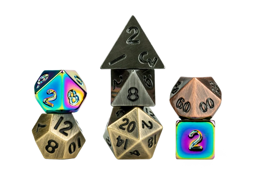 Set of metallic polyhedral dice with rainbow and bronze finishes on a white background
