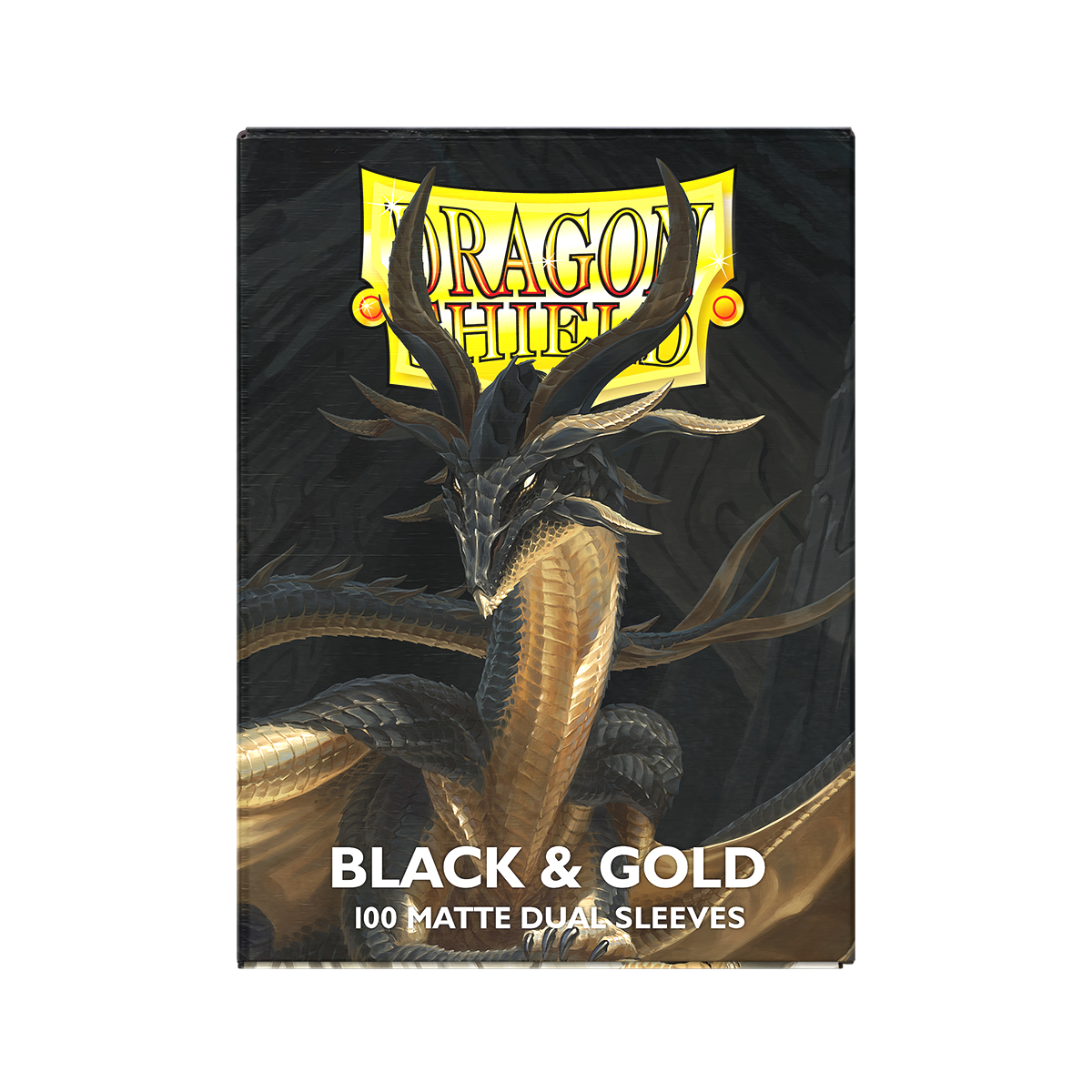 Dragon Shield packaging with a dragon illustration on a black background