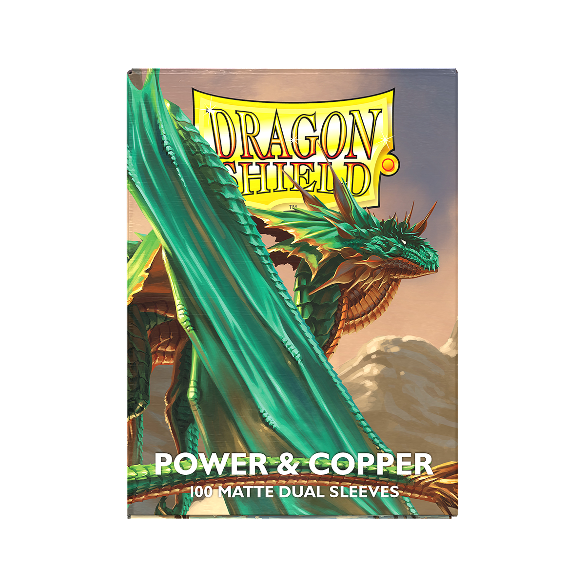Card game sleeve packaging with a green dragon illustration and 'Dragon Shield' branding.