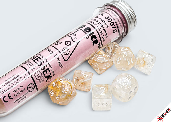 Lab Dice 10: Borealis Champagne/white Polyhedral 7-Dice Set (with bonus die)
