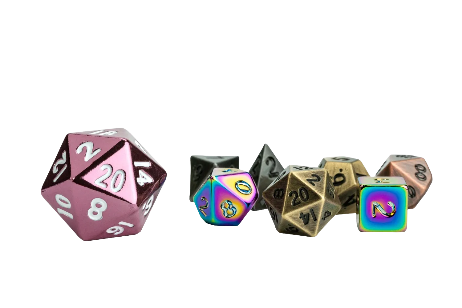 Set of colorful polyhedral dice on a plain background