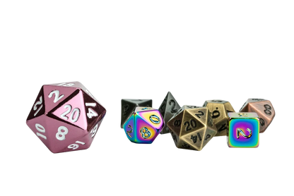 Set of colorful polyhedral dice on a plain background