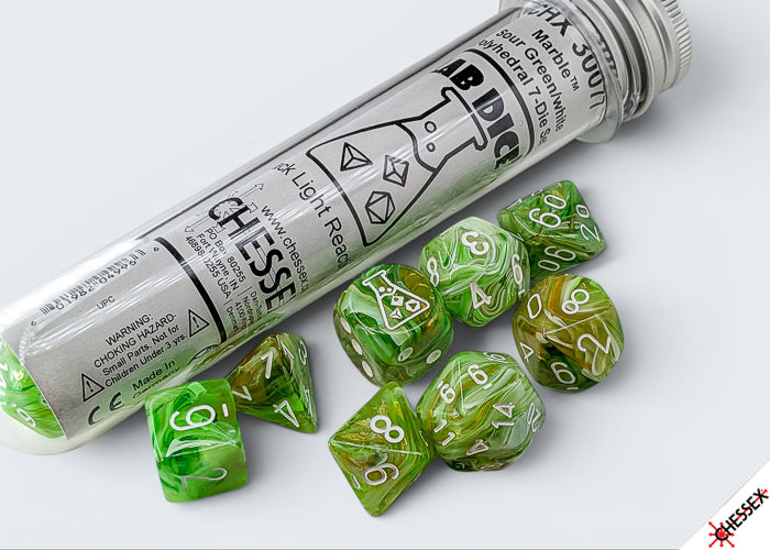 Lab Dice 10: Marble Sour Green/white Polyhedral 7-Dice Set (with bonus die)