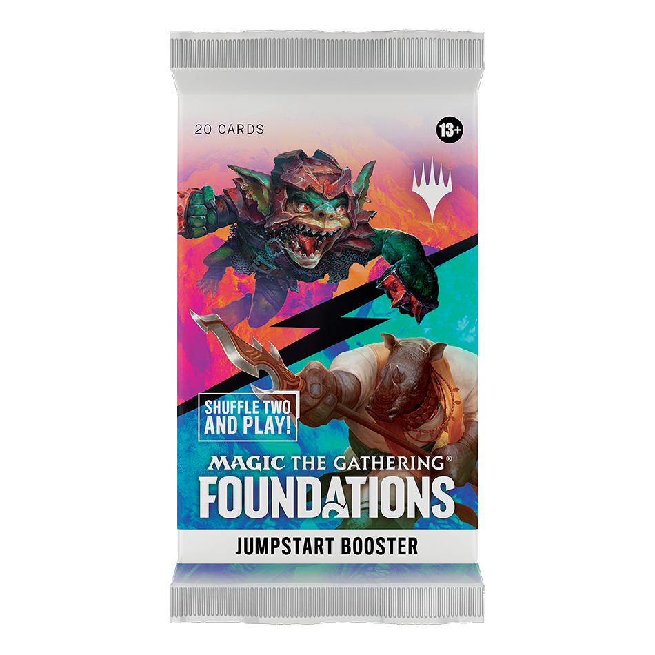 Magic the Gathering Foundations Jumpstart Booster pack with goblin and rhino illustration on a colorful background