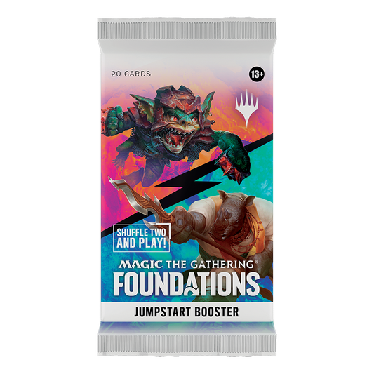 Magic the Gathering Foundations Jumpstart Booster pack with goblin and rhino illustration on a colorful background