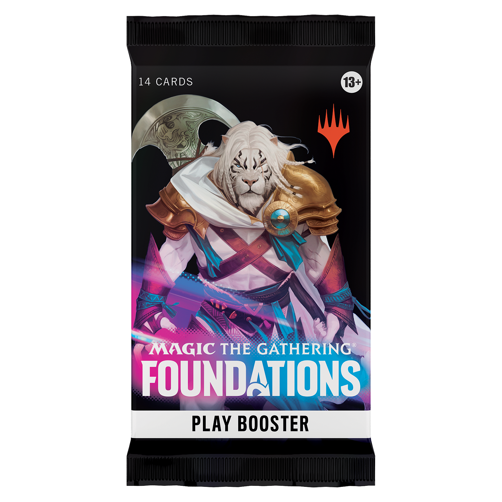 Magic the Gathering Foundations play booster pack with a lion character on the cover.