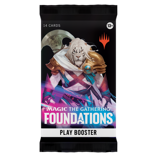 Magic the Gathering Foundations play booster pack with a lion character on the cover.