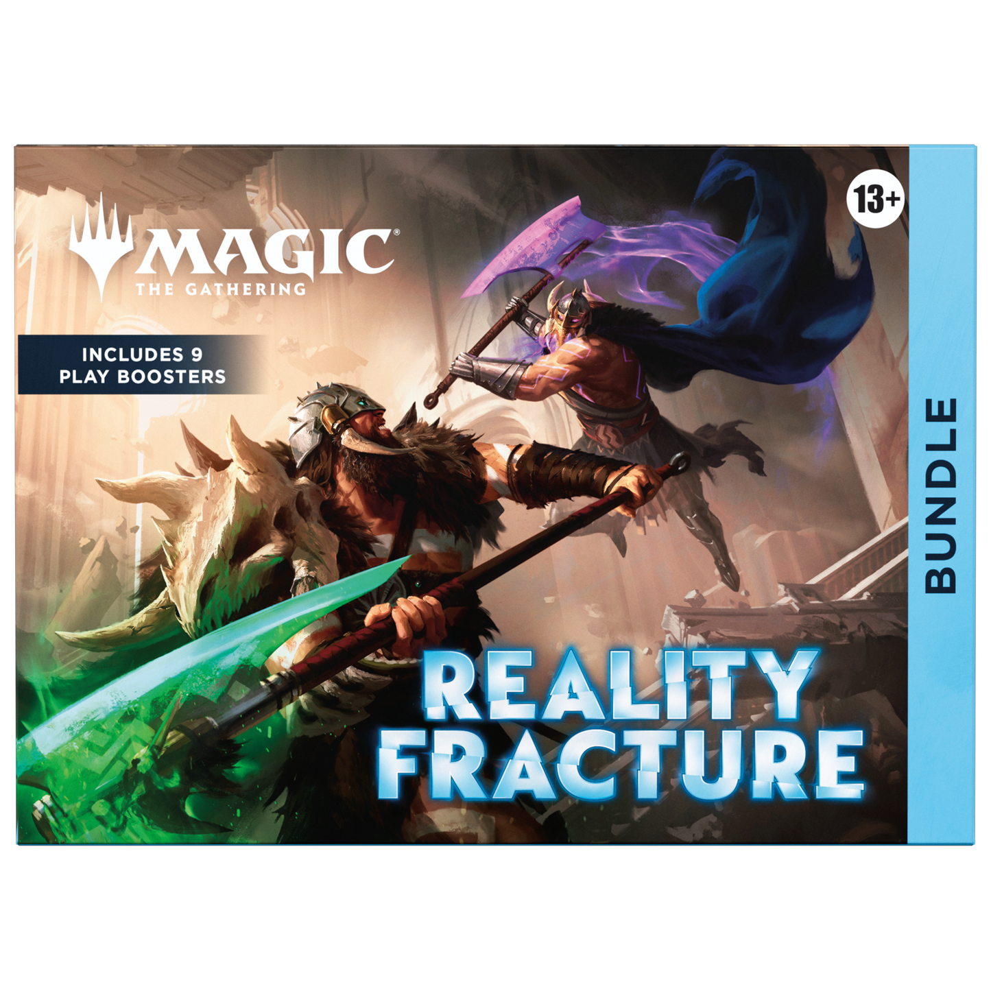 Magic: The Gathering Reality Fracture bundle box art showing fantasy battle artwork, with the Magic logo, 'Includes 9 Play Boosters,' 'Reality Fracture,' and a blue 'Bundle' side panel.