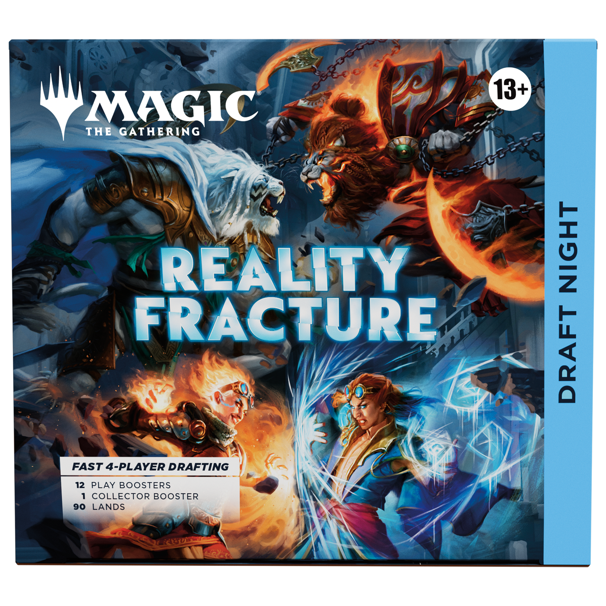 Magic: The Gathering 'Reality Fracture' Draft Night product box, featuring fantasy artwork of a white lion, a fiery red lion, a pyromancer, and a cryomancer, with product details printed on the front and side.