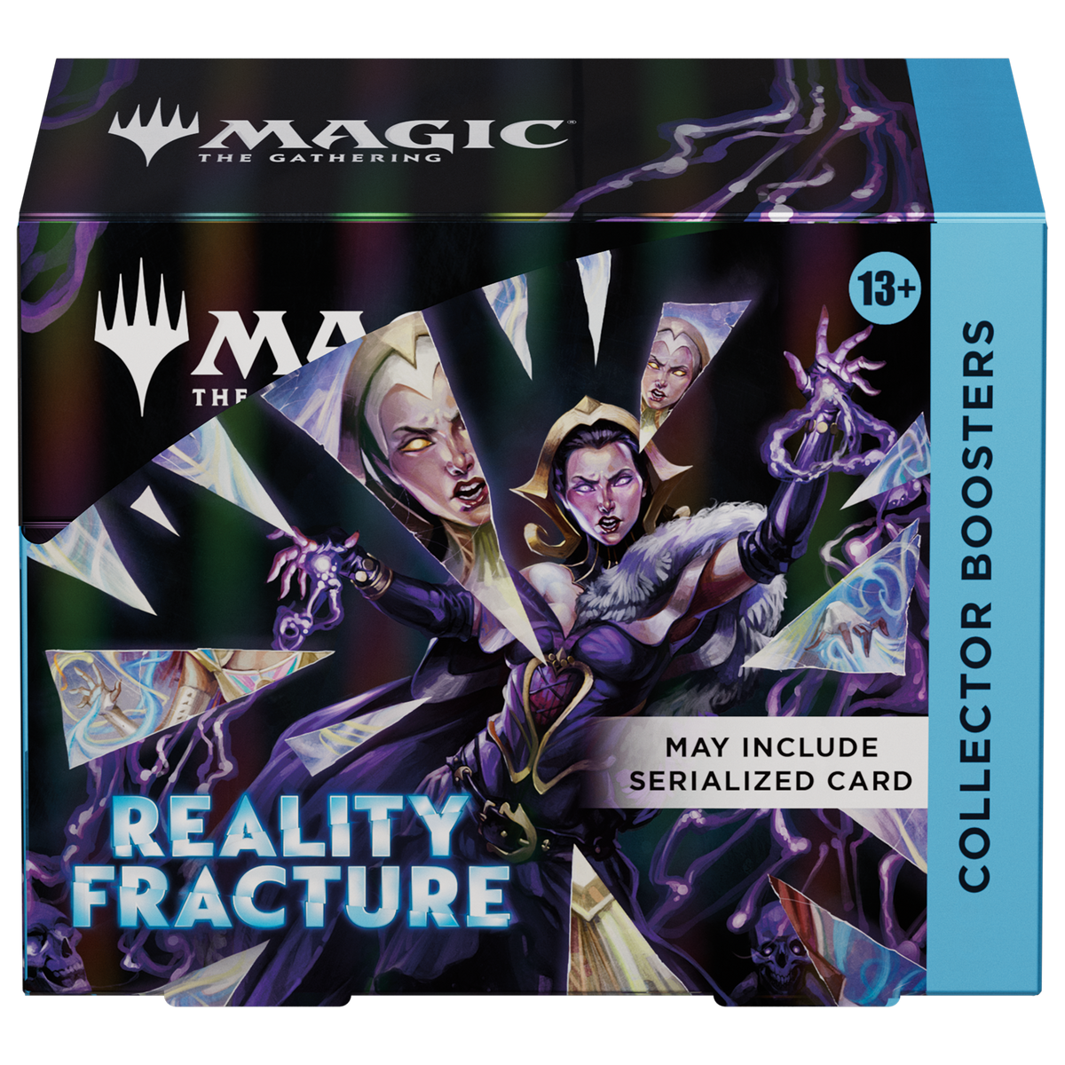 Magic: The Gathering Reality Fracture Collector Boosters card box, featuring dark purple and black artwork with character illustrations and a bright blue side panel.