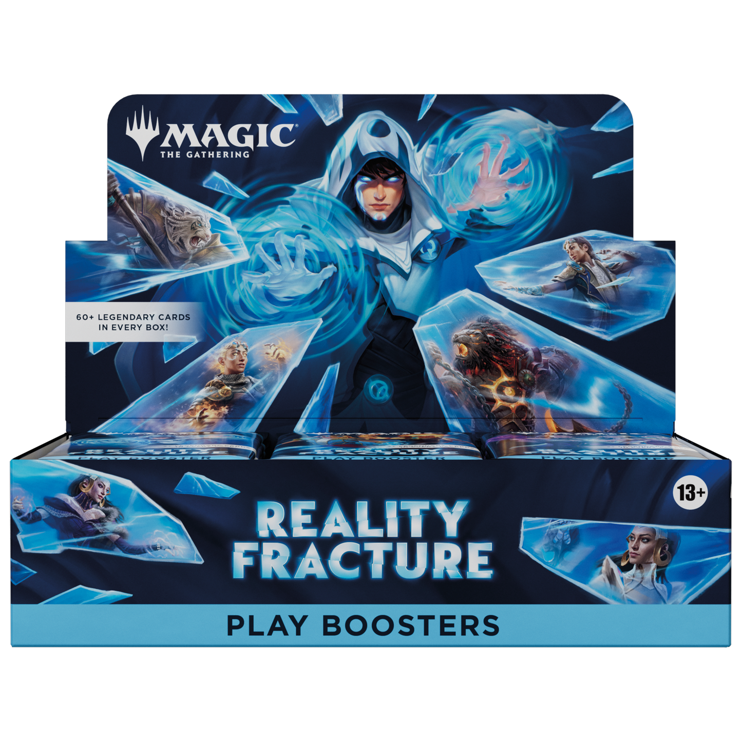 Magic: The Gathering Reality Fracture Play Boosters display box featuring blue and icy artwork with multiple card packs visible inside.